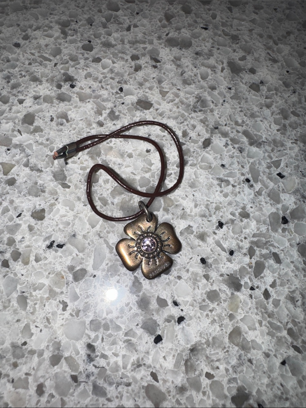 Pandora S925 ALE Flower Pendant Pink CZ Brown Leather Cord Necklace